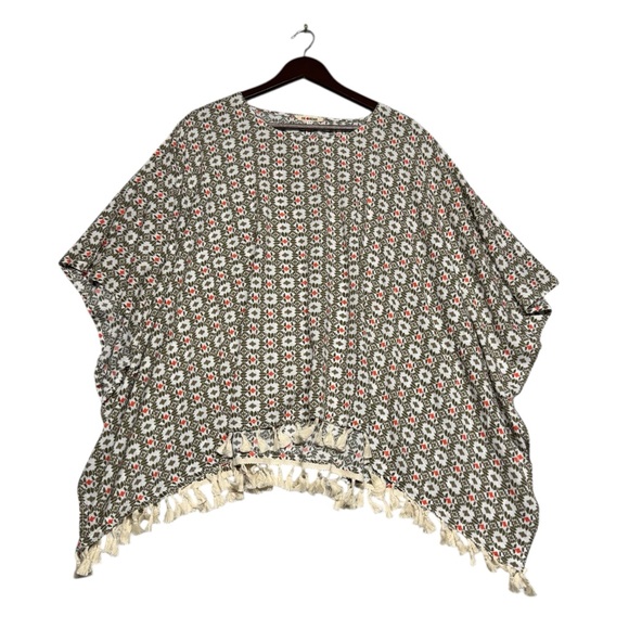 Re-Order Sweaters - Re-Order Sage Green Geometric Print Tassel Poncho Kimono S/M Lightweight Boho
